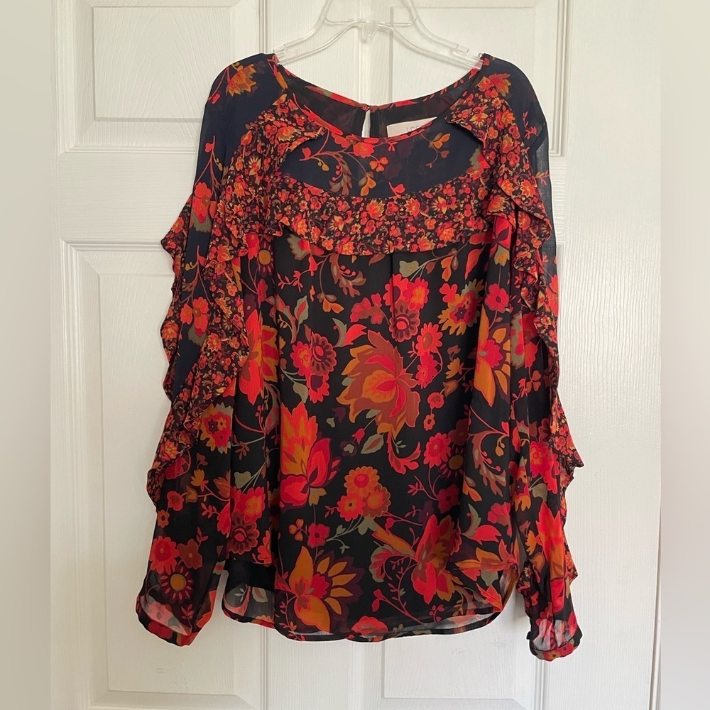 LOFT Women’s size Medium Floral Blouse - Red and Black with ruffle accents